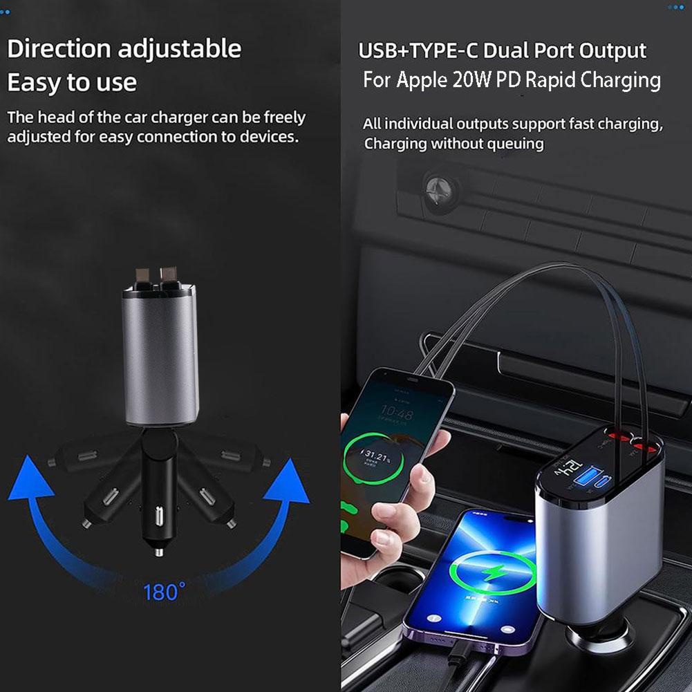 IMPORT 100W SUPER FAST CHARGING CAR CIGAR LIGHTER 4 IN 1 RETRACTABLE ADAPTER C LIGHTER CORD CABLE