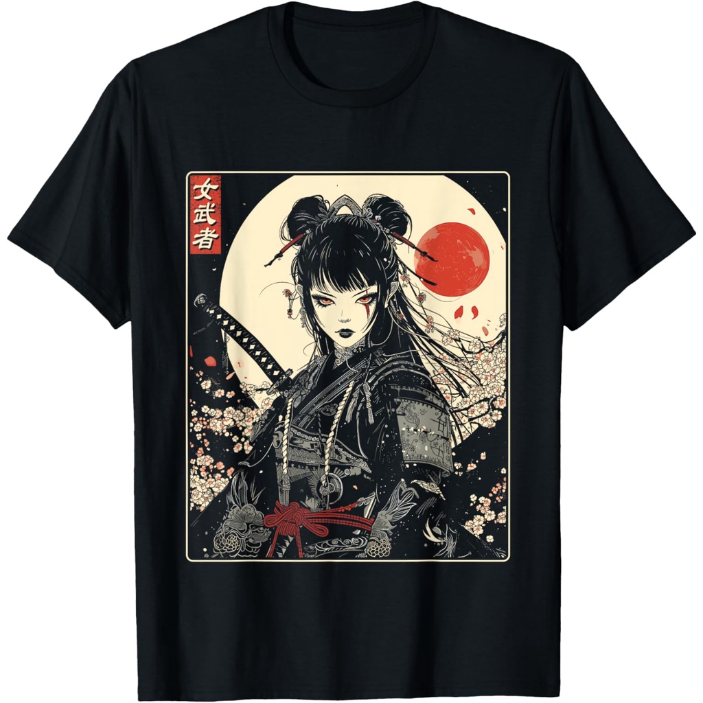 Kaos Wanita Bergambar Seni Samurai Gotik Jepang dengan Pedang Katana