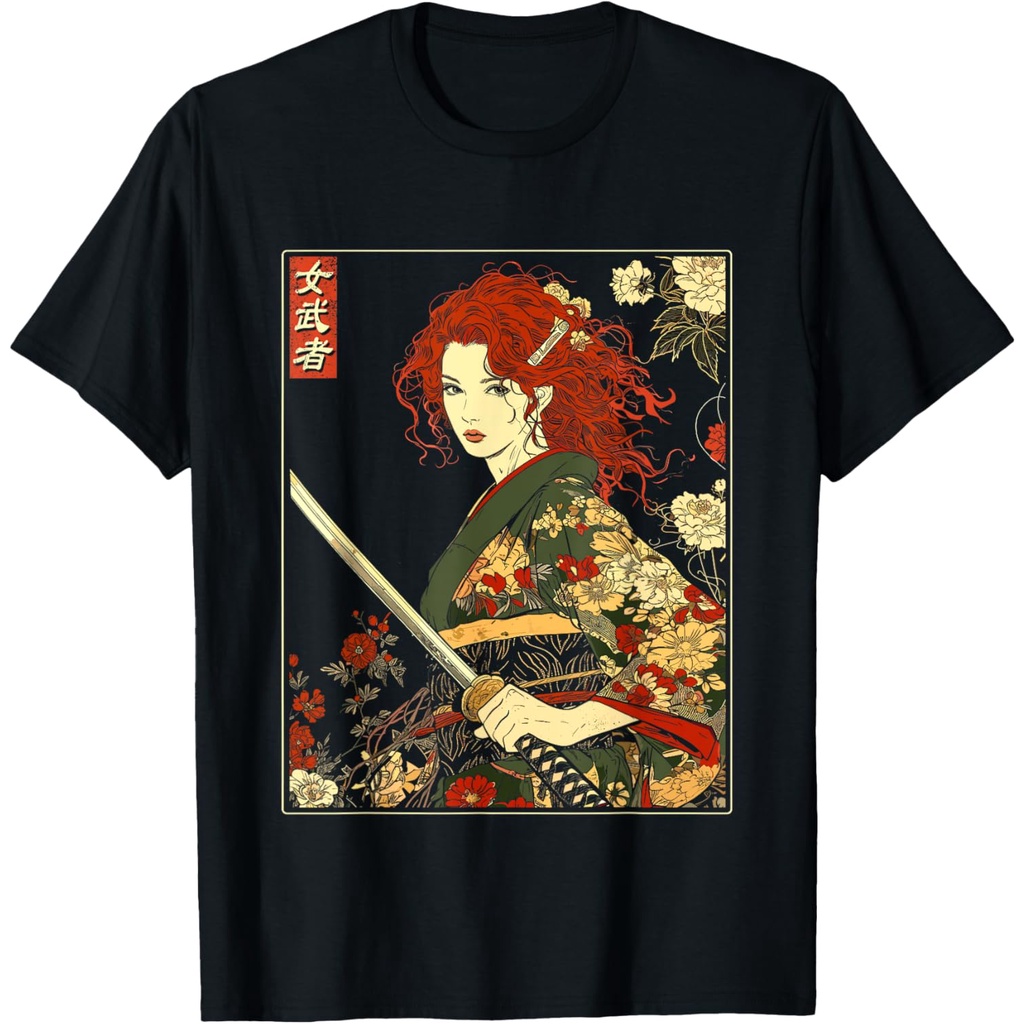 Kaos Wanita Bergambar Seni Samurai Gotik Jepang dengan Pedang Katana