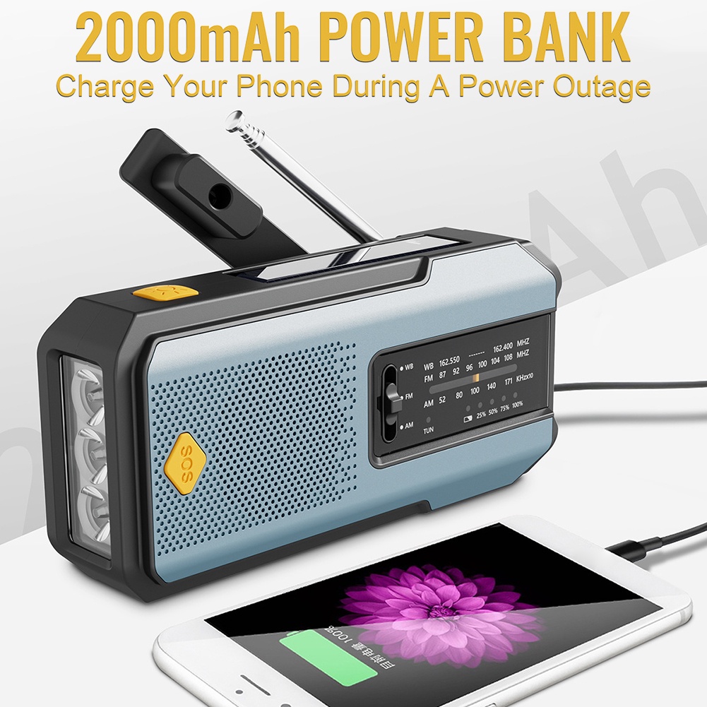 Emergency Hand Crank Radio 2000Mah Power Bank Phone Charger Am/Fm/Wb Noaa Portable Weather Radio Sos