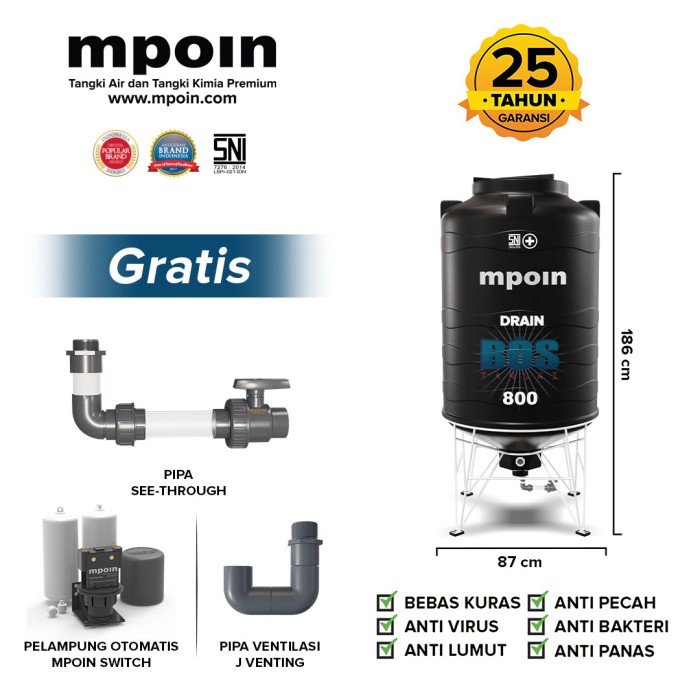 PREMIUM Tangki Kuras MPOIN PLUS 800 Liter DRAIN Toren Air Tandon Air