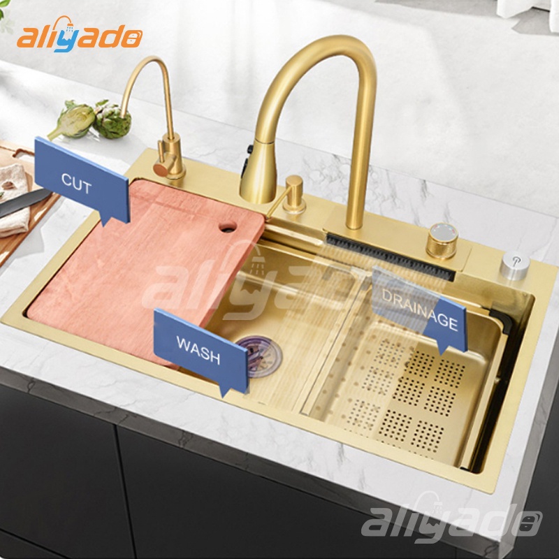 Promosi harga Kitchen Sink Stainless 304 Gold Luxury wastafel cuci piring Emas Keran tarik Emas