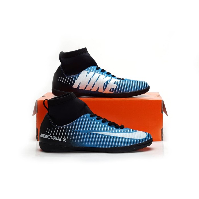 SinTShop- SEPATU FUTSAL PRIA NIKE MERCURIAL X BIRU HITAM LIST PUTIH