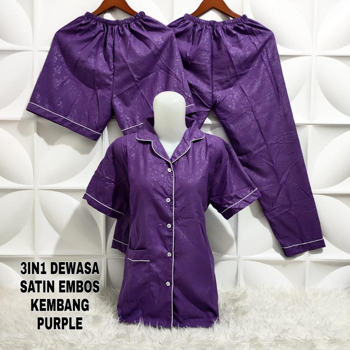 Baju Tidur Wanita Dewasa Piyama Dewasa 3In1 Satin Embos Ukuran M, L, Xl, Xxl/Jumbo Celana Panjang