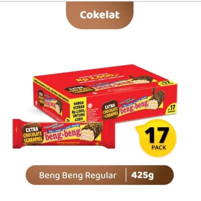 

JTTOP" PROMO BENG-BENG WAFER CARAMEL CRISPY CHOCOLATE 1 BOX ISI 17 PCS @25GR