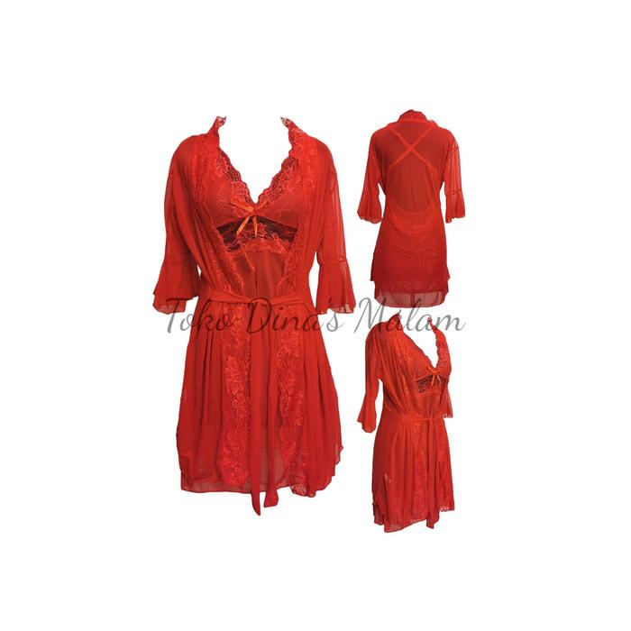 Kualitas Terjamin [ Racun Lingerie ] Lingerie Kimono Sleeve 3/4 3In1 Lace Renda Flower Bunga Back