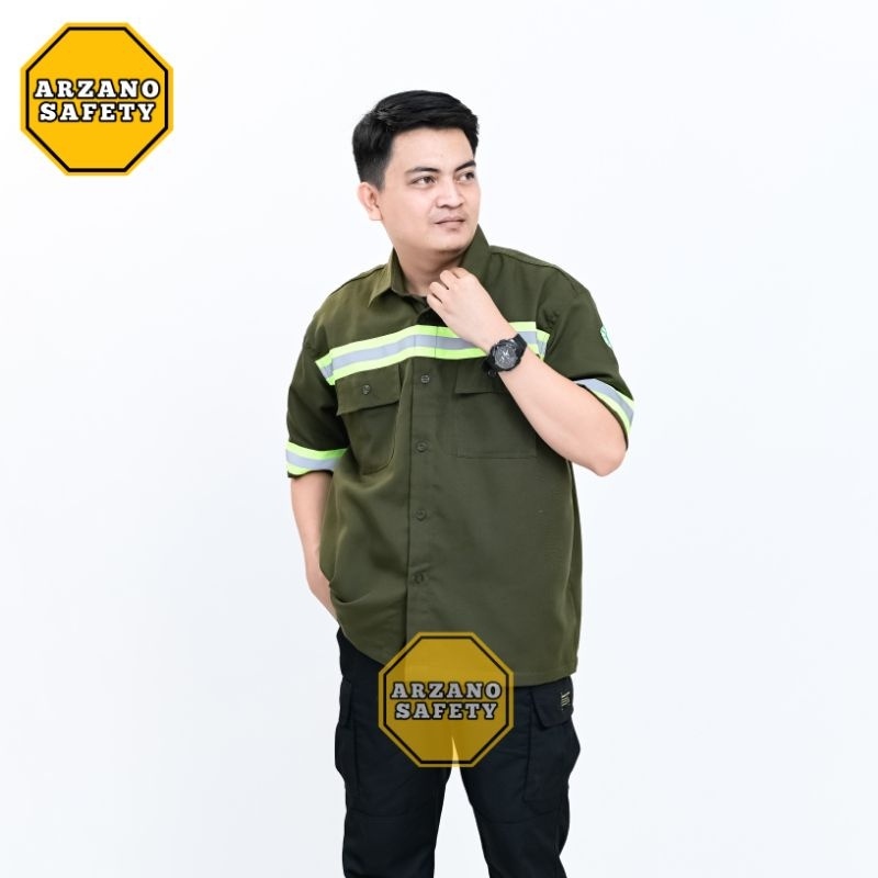 Grosir Arzano Safety - Kemeja Safety Warna Army Lengan Pendek Baju Safety Lengan Pendek Seragam