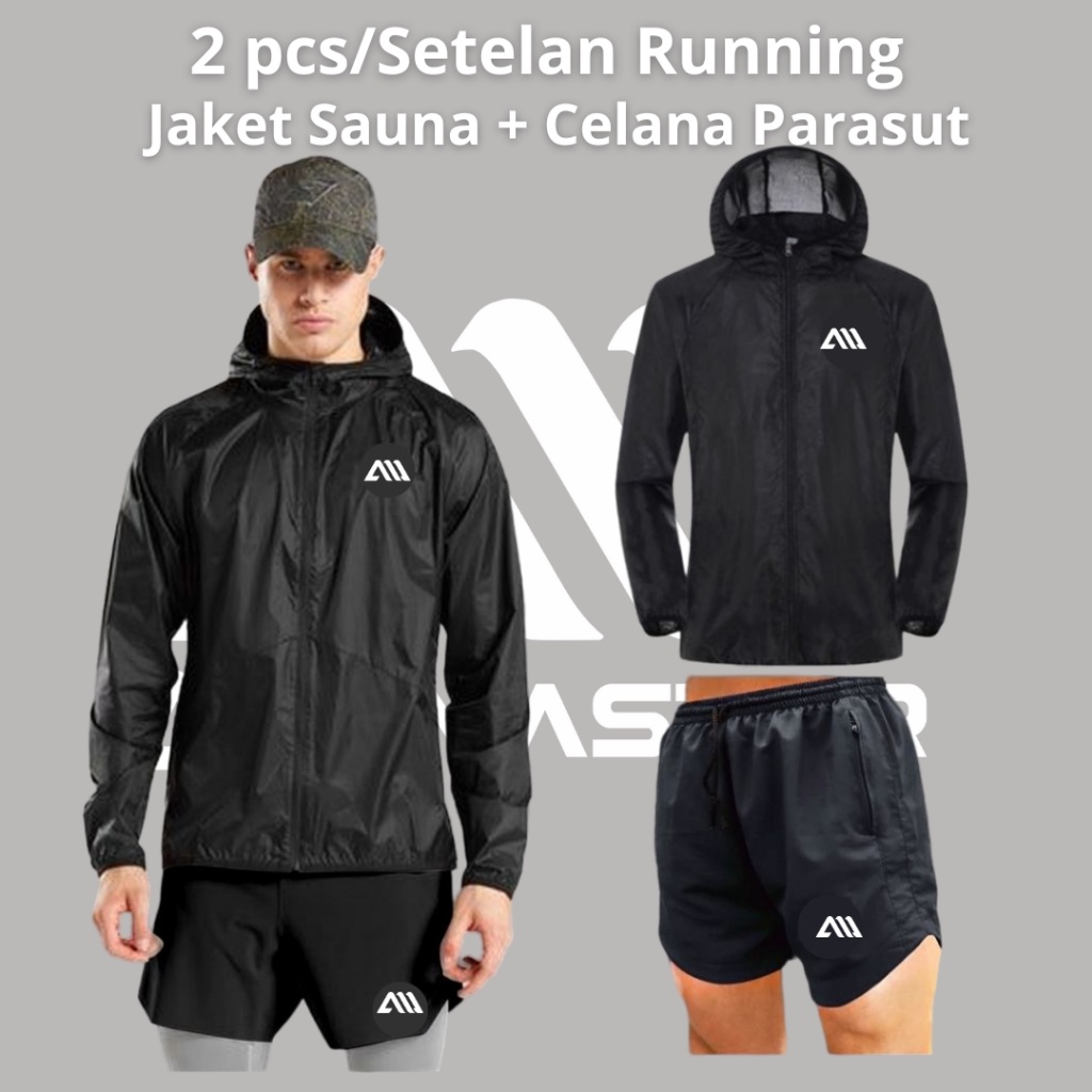 PROMO / 2 in 1 Setelan Olahraga Running Jaket Parasut Sauna Running + Celana Pendek Parasut