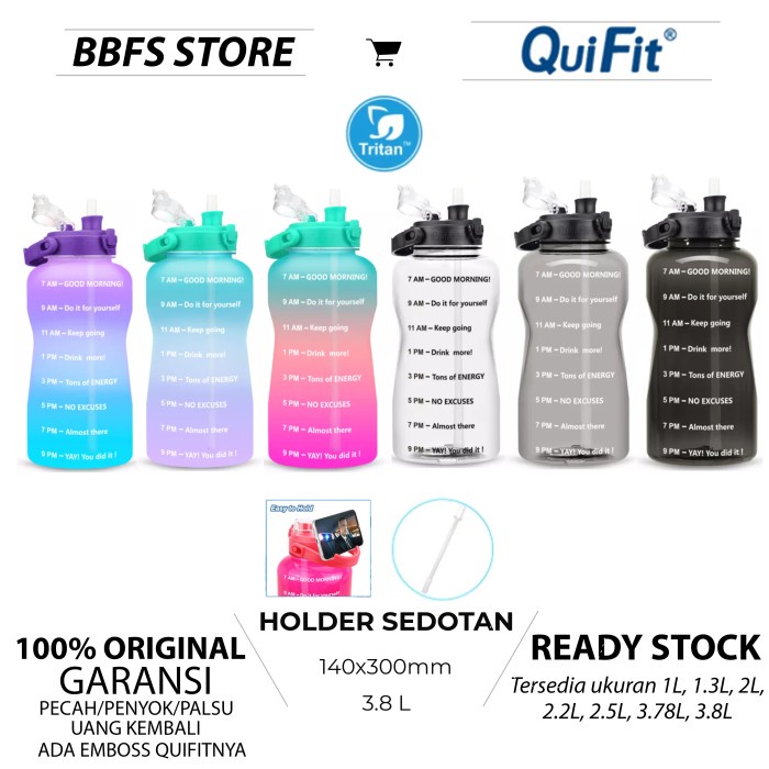 quifit botol minum motivasi olahraga 3.8L 3,8 L Sedotan one push