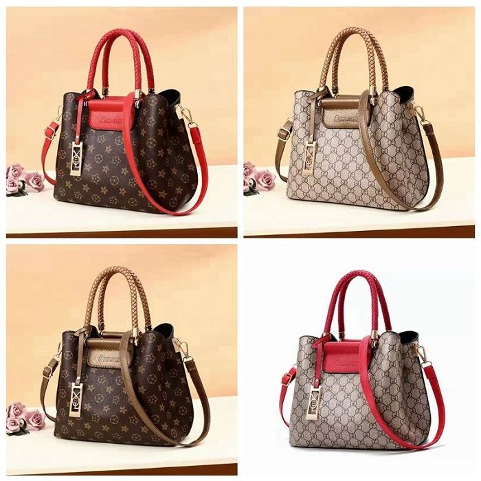 BJ15489 - FLOWER/GD RED GD/REDFLOWER/BROWN GD/BROWN FLOWER - TAS HANDBAG TOTEBAG SLEMPANG RED/GOLD