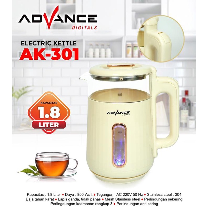 SALE TERBARU ADVANCE TEKO LISTRIK AK-301 ELECTRIC KETTLE 1.8L TEKO LISTRIK KACA TRANSPARAN GARANSI