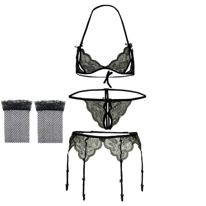 Open G String Bra Sexy Renda Lingerie Wanita Garter Belt Stocking T060