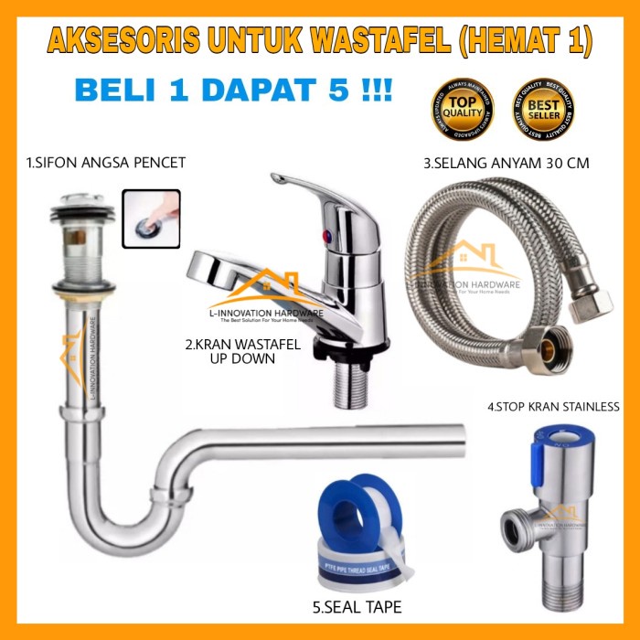 Paket Kran Air Wastafel Cuci Tangan Keran Shower Selang Anyam Stainles