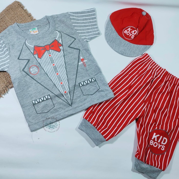 setelan bayi laki laki 6-12 bulan set topi