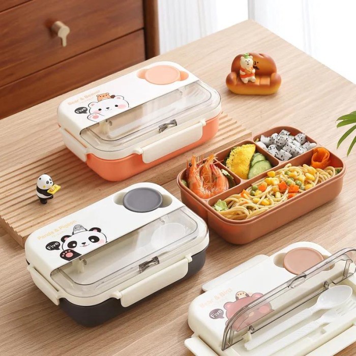PREMIUM Panda Home Kotak Bekal Makanan Sekolah Anak Karakter Panda Bear Anti Tumpah/ Lunch Box Set