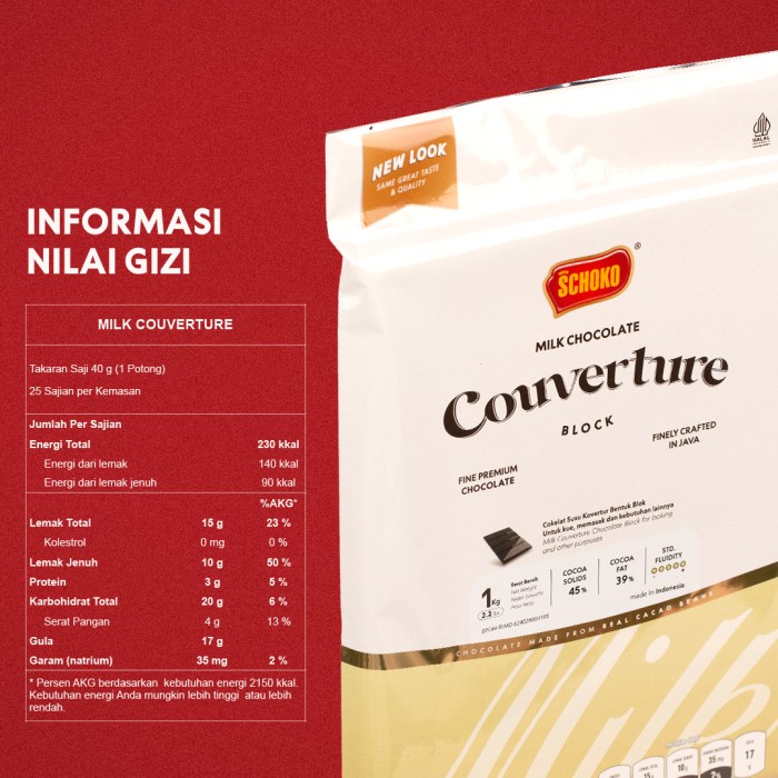 

Lezat- SCHOKO Milk Chocolate Couverture Block - 1 Kg / Coklat Kovertur