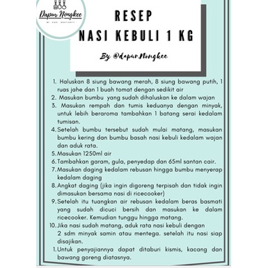 

Lezat- Nasi Kebuli / Dapur Nongkee / Beras Basmati 1kg dan Bumbu Nasi Kebuli