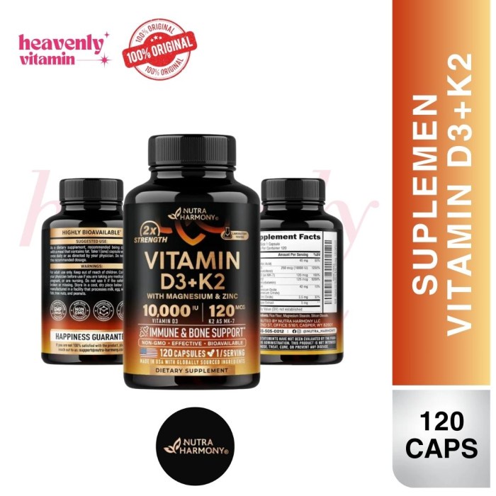 Nutraharmony Vitamin D3+K2 With Magnesium & Zinc - 120 Capsules, Non-Gmo