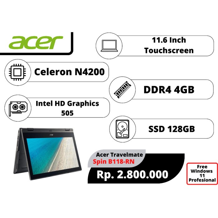 Laptop Second 2ND Bekas Acer Travelmate Spin B118 Celeron N4200/4Gb *