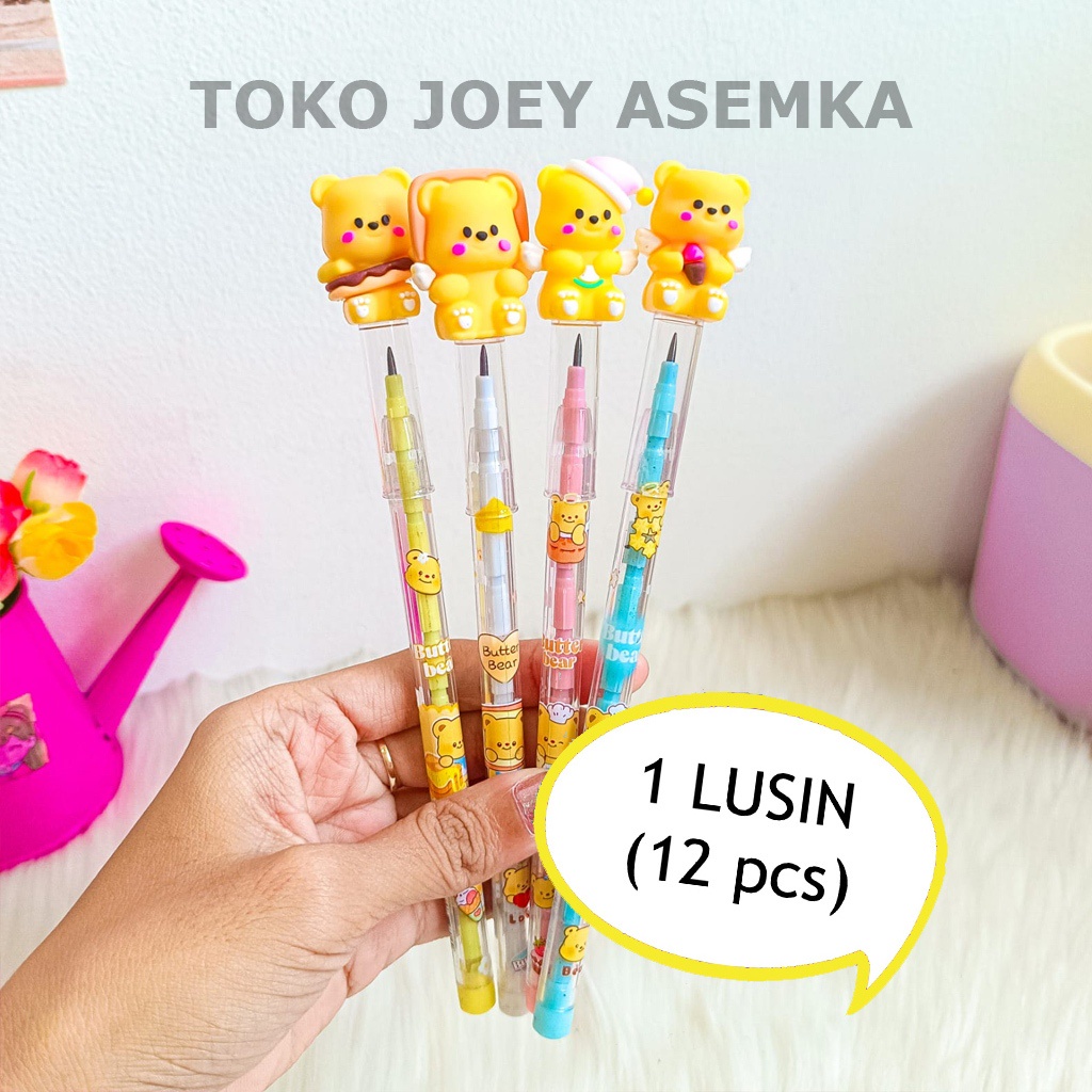 

(12 PCS) PENSIL BUTTER BEAR SUSUN BENSIA LANTU BERUANG PENCIL BISA DIISI ULANG POP MART TEDDY BEAR
