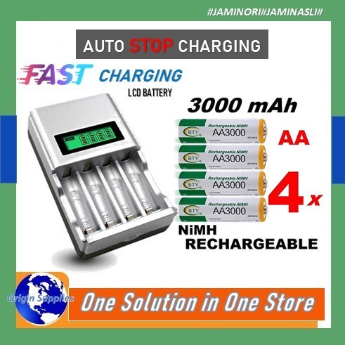 Lengkap- PAKET BATERAI BTY AA 3000 Mah RECHARGEABLE 1,2V + FAST CHARGER LCD