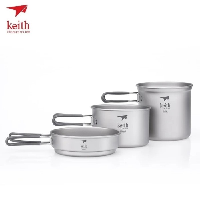 Keith Camping Cooking Set 3-Piece Titanium Pot Frying Pan Portable