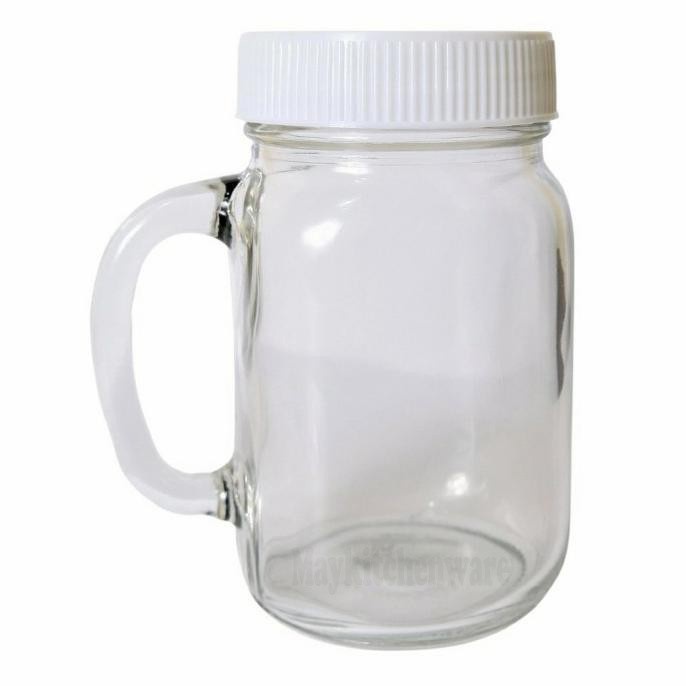 silahkan- Gelas Kaca Bening Gagang Tutup Plastik Drink Jar Mug Cafe Minum Toples
