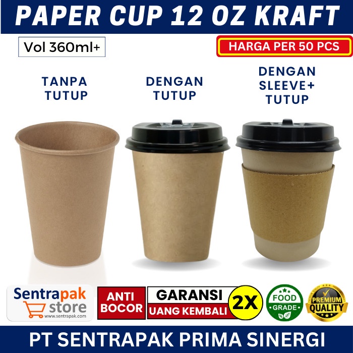 silahkan- Paper cup 12 oz Kraft Hot dengan Tutup + Sleeve - Gelas Kertas 12oz