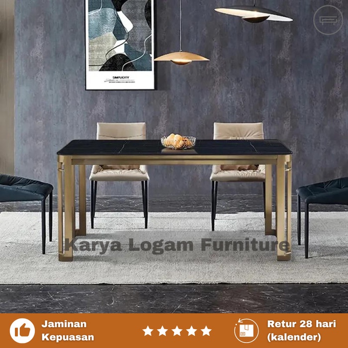 Dining Table Set Modern Mewah - Meja Makan Stainless Gold Top Marmer - 160x80 4Kursi