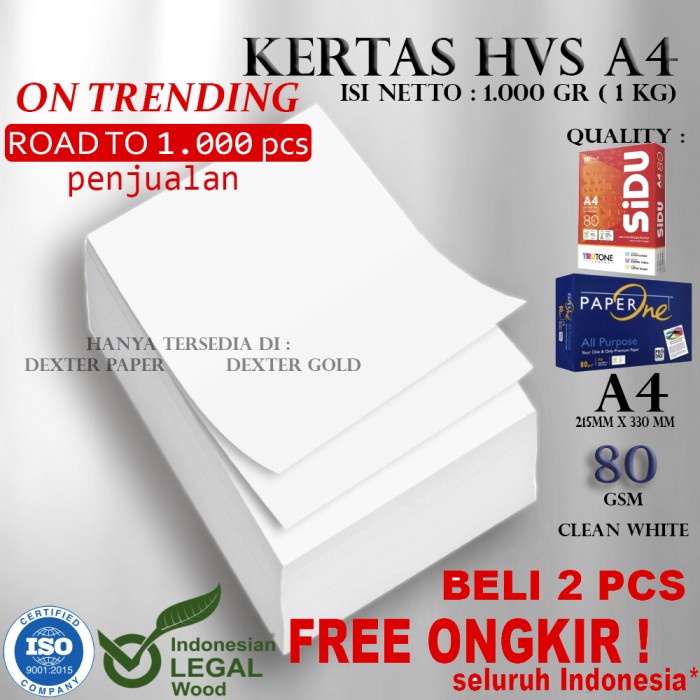 

New KERTAS HVS A4 80 GSM/ KERTAS A4 80GR PER 1000GRAM (1KG)