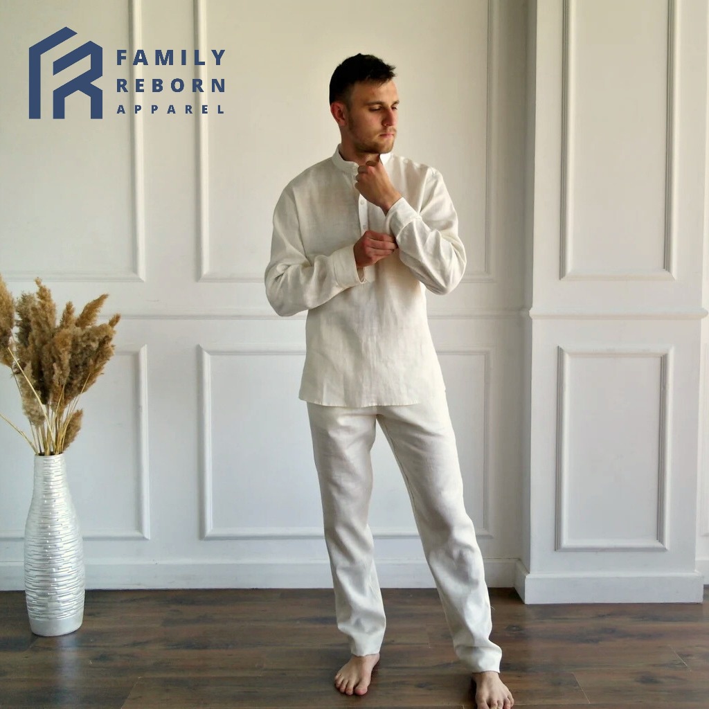 Setelan Linen Pria One Set Kemeja dan Celana Bahan Linen Rami Men's Linen Set Family Reborn
