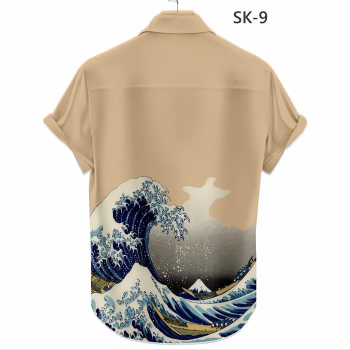 Zeno-Kemeja Pria Hawaii Motif Ombak Harajuku Fullprinting Kemeja Pantai Kanagawa Kemeja Casual