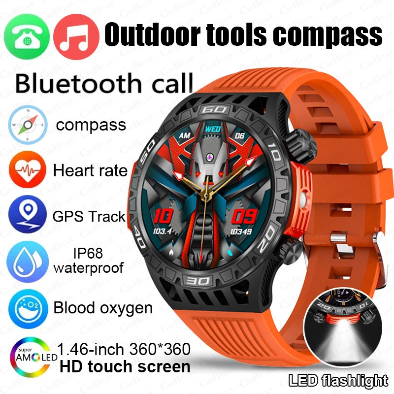 Outdoor Sports GPS Military Smartwatch for Men with LED Lights Voice Assistant IP68 Waterproof 450MA
