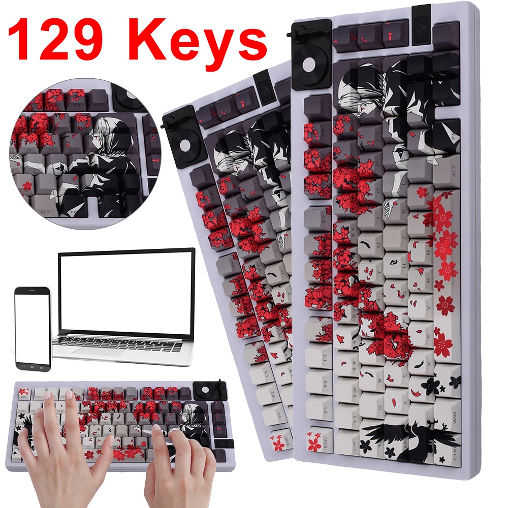 129 Key Raven Sakura Keycap Set Dye Sub Keycaps PBT Keycaps Customized Keycaps Anime Keycaps Mechani