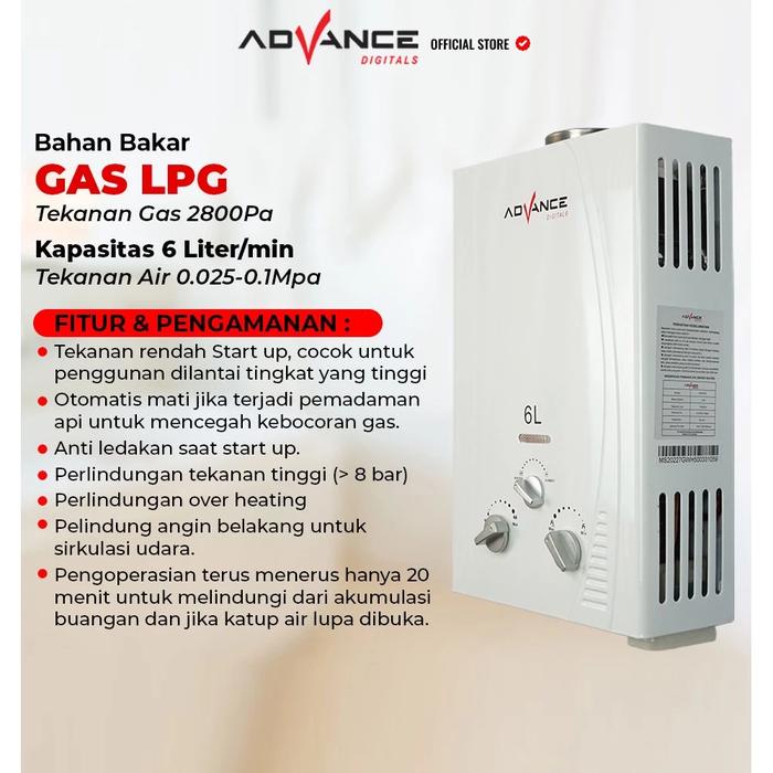 Advance Gwh50 Water Heater Gas / Pemanas Air Panas Kamar Mandi - Bonus Kepala Shower & Selang Shower