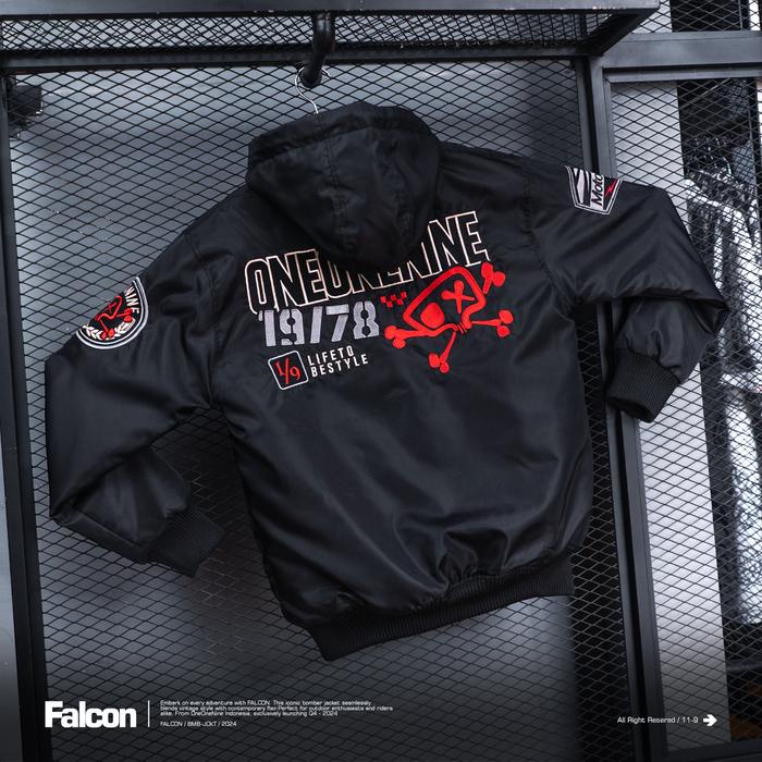 Oneonenine Ksr Jaket Varsity Falcon Black - Jaket Motor Sport Parasut Bordir -AmanahJaminan