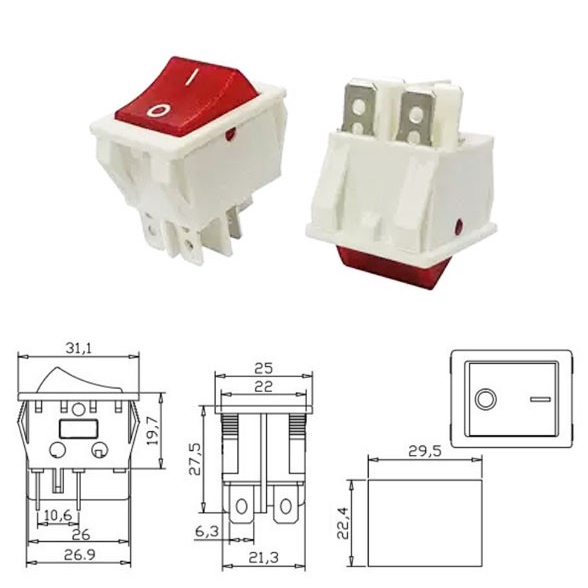 `````````] Saklar Rocker Switch ON OFF 4 Pin 30A 250V Putih - Lampu Merah