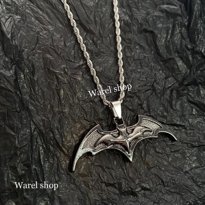 WTS- Kalung Titanium Model Tambang Silver Liontin Kalong Hitam Anti Karat Rantai Stainless