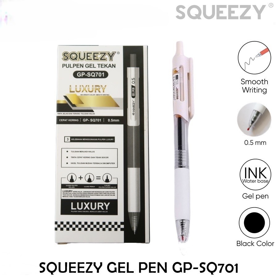 

Pen Gel Cetek SQ701 0.5mm Hitam PACK isi12/Gel Pen Pulpen Cetek LUXURY SQUEEZY SQ-701 Perpack isi