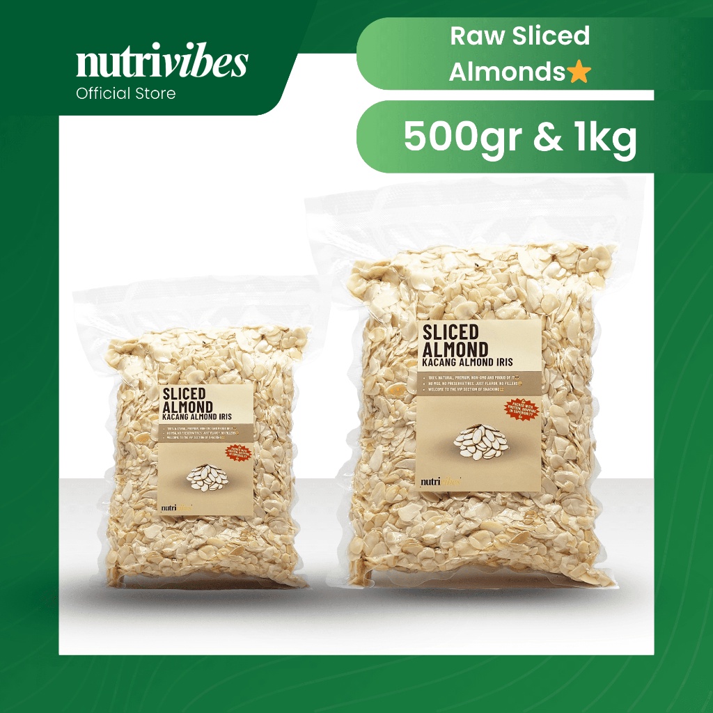 

Kacang Almond Iris Mentah / Raw Sliced Almond (Family Pack 500gr & 1kg) - Nutrivibes