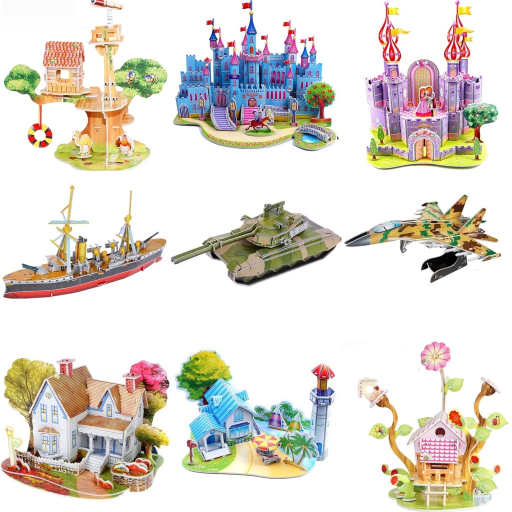 3D Diy Puzzle Castle Assembling Model Cartoon House Paper Toy Kid Early Learning Construction