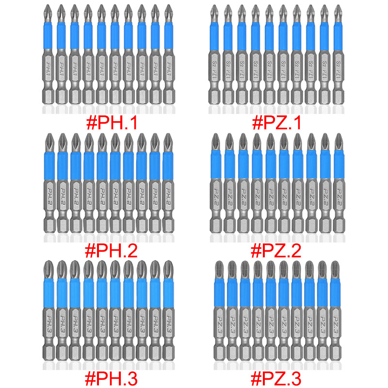 10Pcs 50Mm Screw Driver Set Anti Slip Screwdriver Bits Magnetic Single Head Ph1 Pz1 Ph2 Pz2 Ph3 Pz3