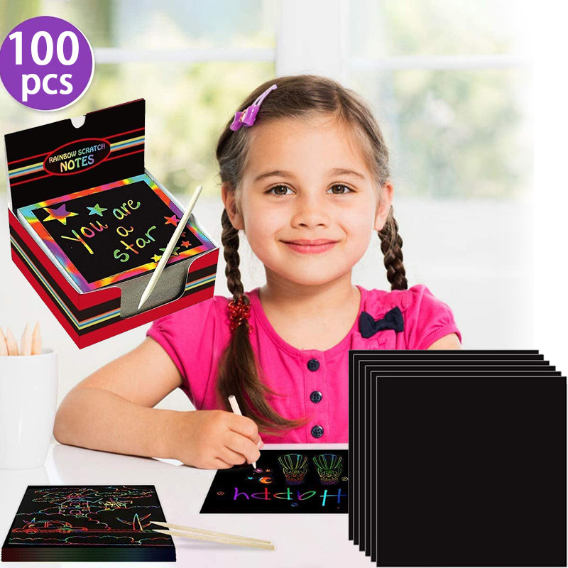 

100/10Pcs Rainbow Scratch Mini Notes Paper Pad Cards With 2 Stylus 2 Drawing Stencil Children Kids