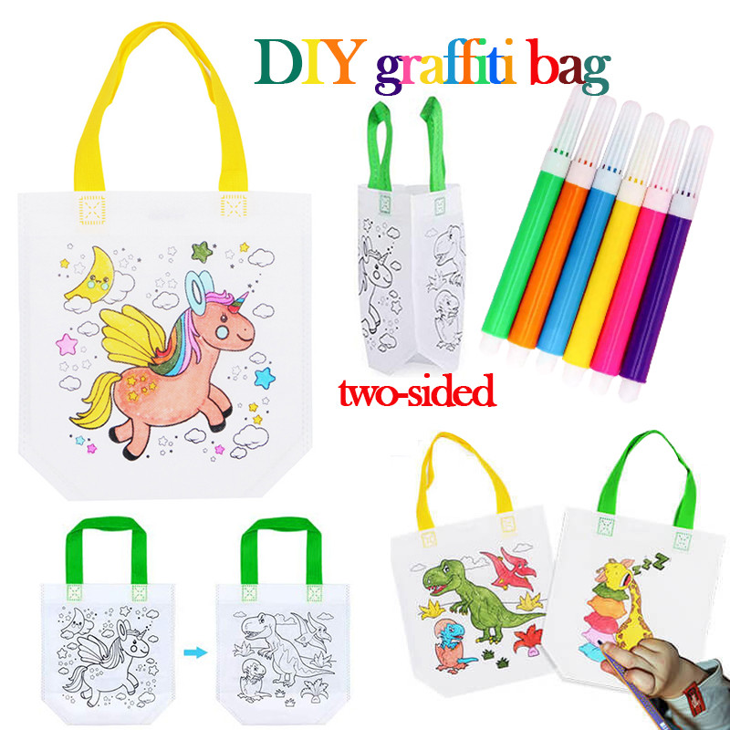 

1-10Pcs Sets Diy Graffiti Bag With Markers Handmade Painting Non-Woven Bag For Children Arts Crafts