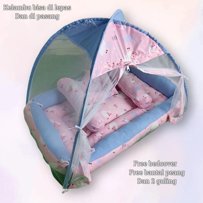 Auraby- 1 Set Kasur Bayi Kelambu Premium Motif Domba Pink Set Kasur Bayi Kelambu Tenda Kasur