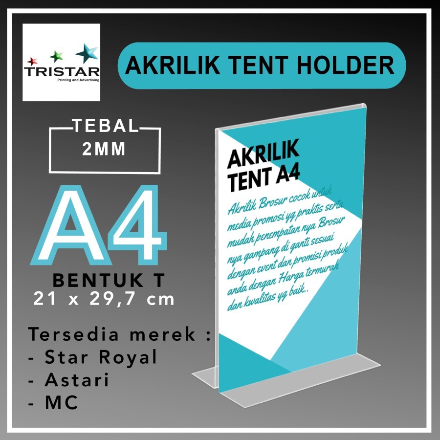 

AKRILIK TENT HOLDER A4 / TEMPAT BROSUR A4 DISPLAY TENT CARD AKRILIK DISPLAY BENTUK T TEBAL 2MM