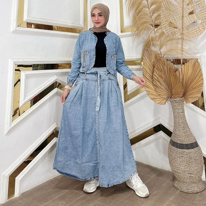 Hijara- Mitsuki One Set Jeans Rompi Kombinasi Katun Kotak Fashion Muslim Wanita Kekinian