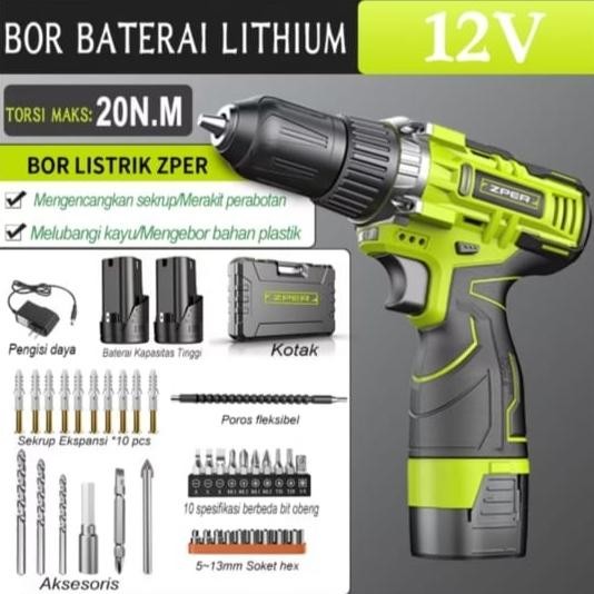 Mesin Bor Baterai Zper 12V Cordless Drill 2 Battery