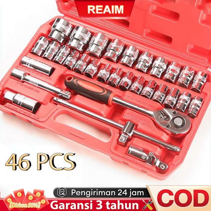 Reaim 46pcs Tool Kit Set Kunci Shock Set alat kunci pas 46pcs kunci Mata Sok lengkap obeng set kunci