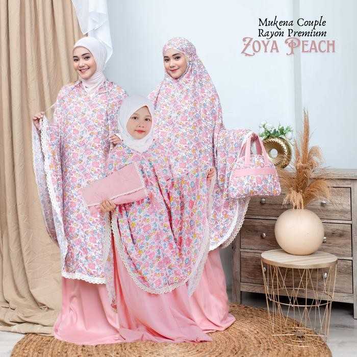 Thameer- Mukena Couple Rayon Premium Renda Motif Zoya Peach - Mukenah Cantik
